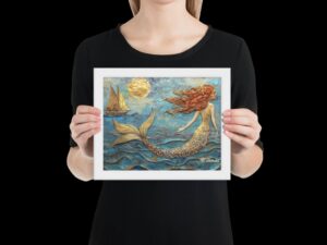 Framed Print – Golden Mermaid with Red Hair