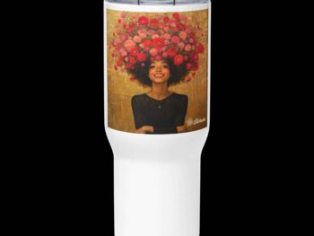 Travel mug with a handle – Girl with Red and Pink Flowers in Her Hair