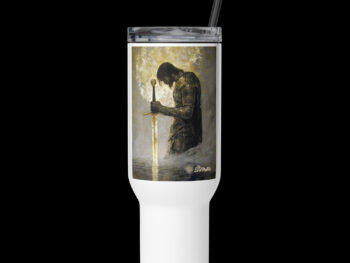 Travel mug with a handle – Sir Bedivere Returns Excalibur to the Lake