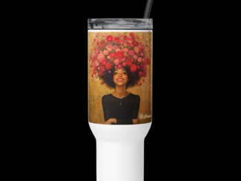 Travel mug with a handle – Girl with Red and Pink Flowers in Her Hair