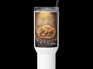 Travel mug with a handle – Golden Dragon Protects Precious Gems