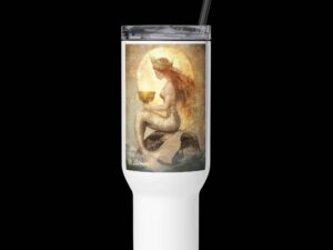 Travel mug with a handle – Mermaid Holding a Golden Chalice